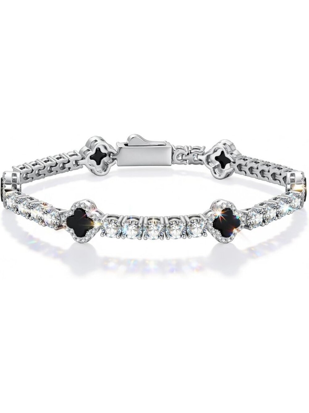 Natural Black Onyx Four-Leaf Clover Handmade Tennis Bracelet - Unique Gift Idea